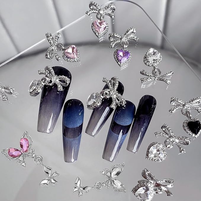 12Pcs Rhinestones Heart Pendant Bow Nail Charms Y2K Alloy Silver Buttefly Tassels Crystals Butterfly Charms for Nails Design Luxury Bows for Nails Charms 3D Butterflies Nail Charm Nail Art Supplies