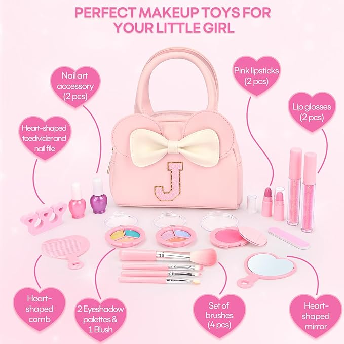 Kids Real Makeup Kit for Girls - 18Pcs Non-Toxic Washable Make Up Toys with Initial Toddler Purse - Personalized Birthday Gifts for Age 3 4 5 6 7 8 9 10 Years Old Girls Vanity Set - J