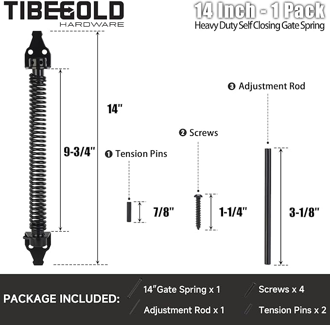 14" Gate Spring Self Closing, Heavy Duty Black Door Closer Spring, Adjustable Tensioner Automatic Outdoor Gate Closure, Gate Spring Hardware for Wooden and Vinyl Fence, 1 Pack