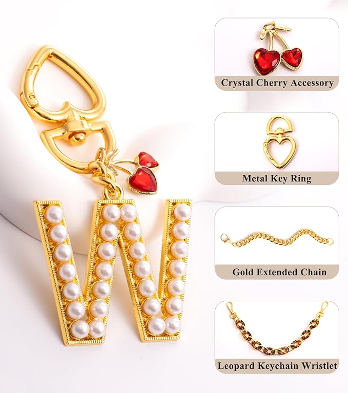 Pearl Initial Keychain with Leopard Bag Charms Wallet Chain Women Cute Alphabet Keychains Charm for Purse Handbag