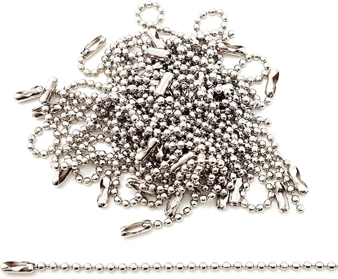 50-Pack 4-Inch Ball Chains with Connectors, 2.3mm Stainless Steel Beaded Chain for Dog Tags, ID Labels, Crafts, Keychains, Fan Pulls