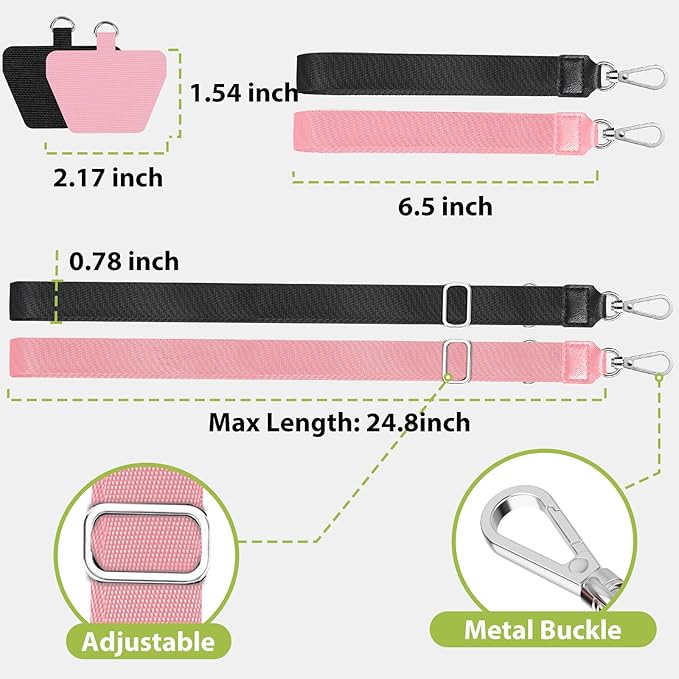 takyu Phone Lanyard, 2 Pack Adjustable Anti-Drop Neck/Wrist Strap with 2 Pcs Tether Patches, Secure Hands-Free Compatible for iPhone Samsung Perfect for Nurses, Teachers, Travel, Hiking Black+Pink