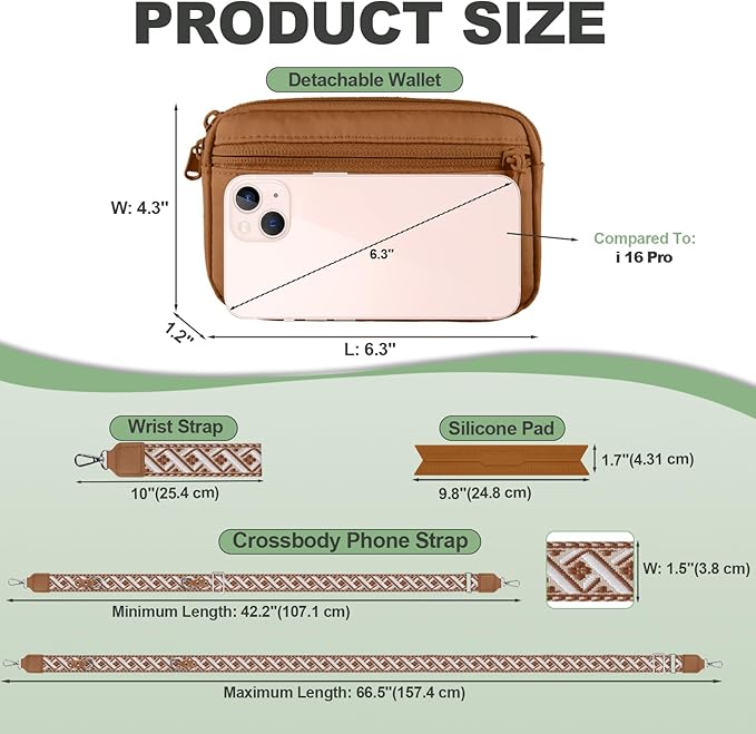 Clip and Go Strap for Phone with Wallet Crossbody, Adjustable Phone Lanyard with Detachable RFID Wristlet Wallet, Pattern Strap, Bronze(M)