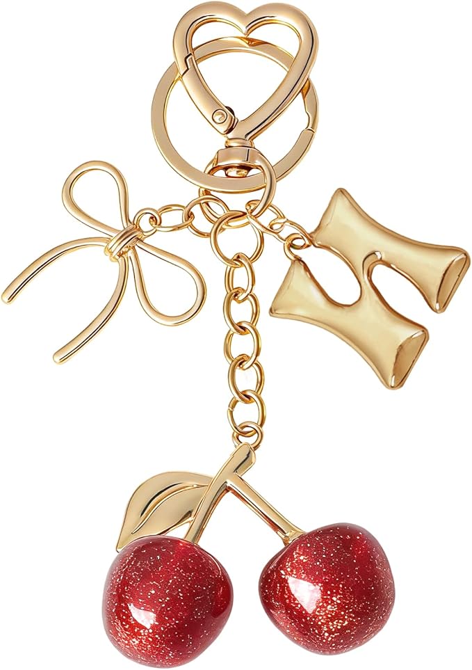 Snycler Bubble Initial Keychain with Cherry & Bow - Gold Letter Bag Charms for Women, Cute Purse Handbag Accessories