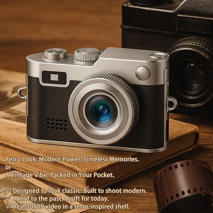 Keychain Retro Camera，Mini Micro Digital Tiny Digital Photo Camera，1080P FHD Tiny Portable Small Cameras Pocket Video Recorder，for Travel Study Recording (Black-128G)