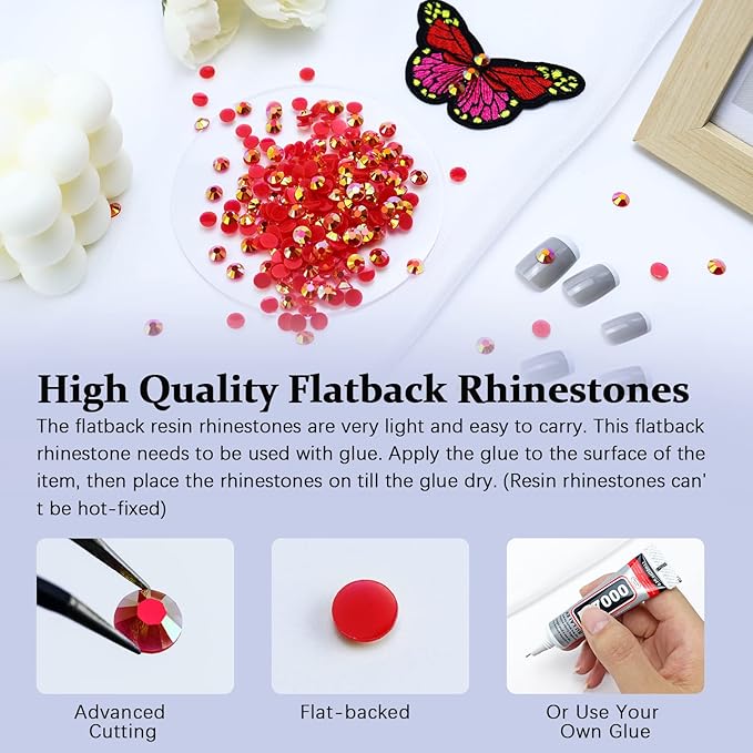3000PCS Resin Flatback Rhinestone, 2mm 3mm 4mm 5mm 6mm Red AB Flatback Jelly Resin Rhinestones for Tumblers, Mugs, Bottles, Craft Decoration, Loose Bling Glitter Gem Stone