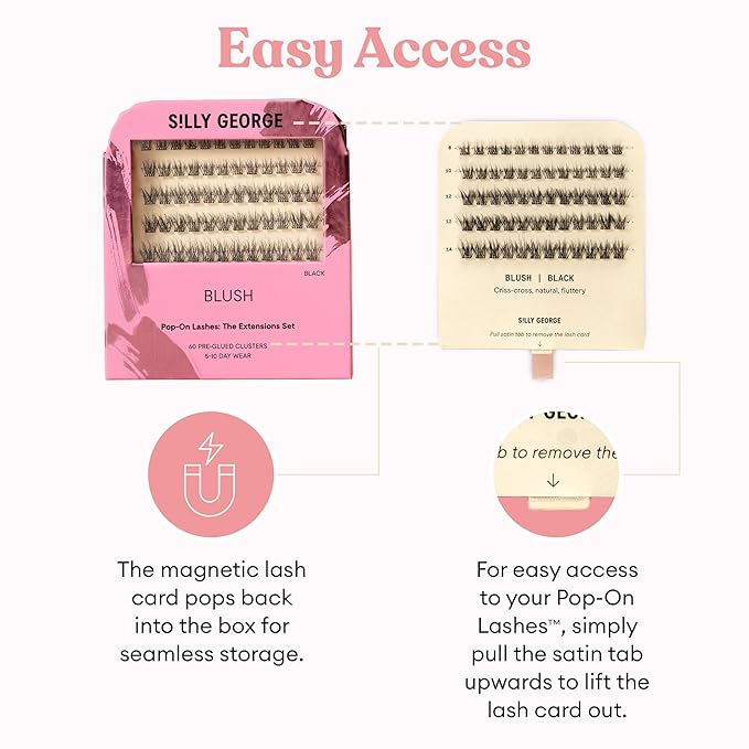Silly George Pop-On Lashes - DIY 1-Step Pre-Glued Faux Eyelash Clusters, Natural Look Extensions, Black - Blush, 5-7 Pair Set, Pack of 60 Clusters