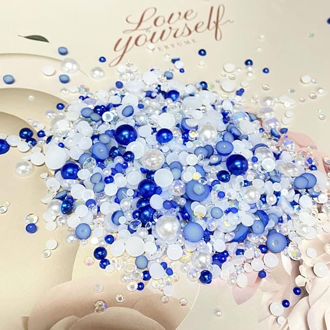 100g Mix Resin Rhinestones Flatback Half Round Pearls Mixed Size 3mm-10mm AB Color Half Pearls Resin Rhinestones for DIY Craft Nail Art Shoes Clothes Phone Case (Blue/White Series)