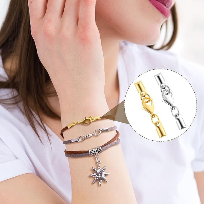 OIIKI 6pcs Cord End Caps with Lobster Clasp, 4mm Leather Cord Ends Jewelry Clasps, Brass Barrel Terminators Leather Jewelry Connector for DIY Necklaces Bracelets Keychains- Gold & Silver