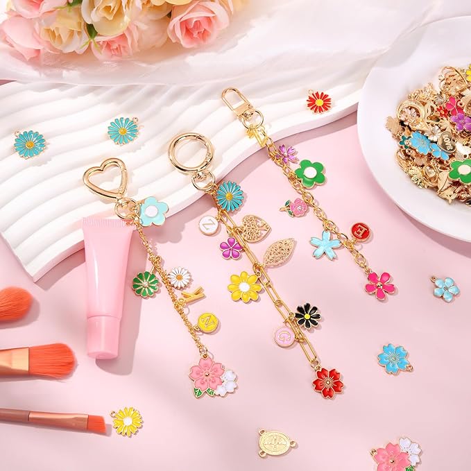 VioraWhite Lip Gloss Charm Kit Lip Gloss Keychain Making Kit Including Assorted Charms Keychain Clips Extender Chain(794 Pcs,Flower Style)