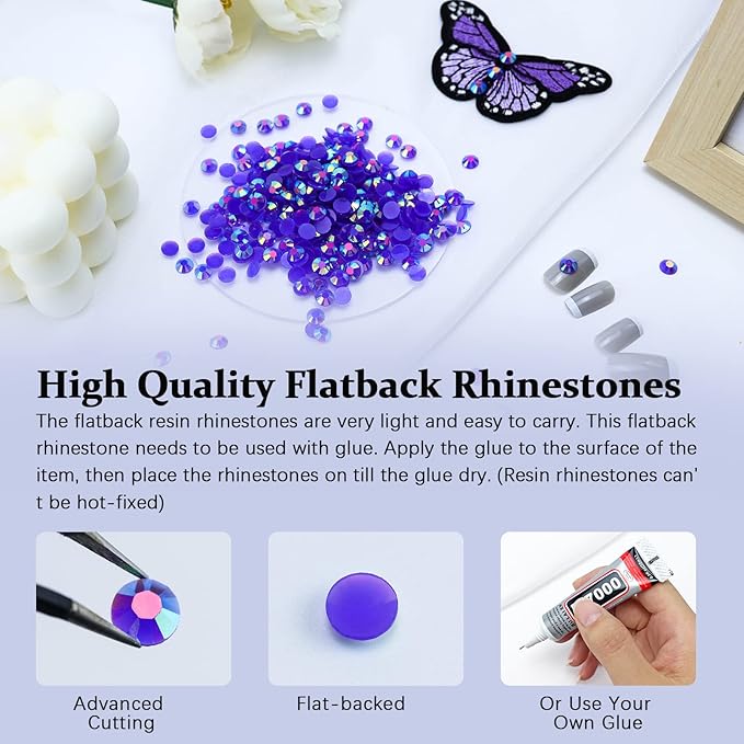 3000PCS Resin Flatback Rhinestone, 2mm 3mm 4mm 5mm 6mm Dark Purple AB Flatback Jelly Resin Rhinestones for Tumblers, Mugs, Bottles, Craft Decoration, Loose Bling Glitter Gem Stone