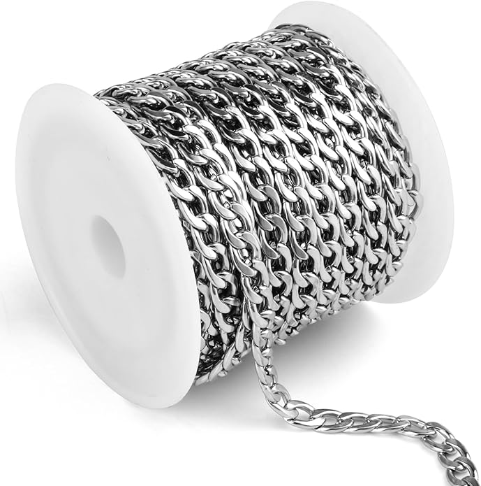 16.5 Ft Stainless Steel Curb Chains, 5mm 6mm 7mm 9mm Cuban Chain Roll Bulk for Jewelry Making