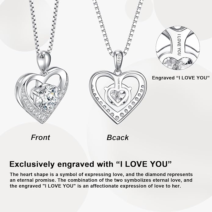 UnicoRing Moissanite Necklace for Women, Heart Pendant Engraved 'I Love You' Gifts for Wife, Valentine's Day Gift Anniversary Eternity Birthday Present Sterling Silver Jewelry for Her