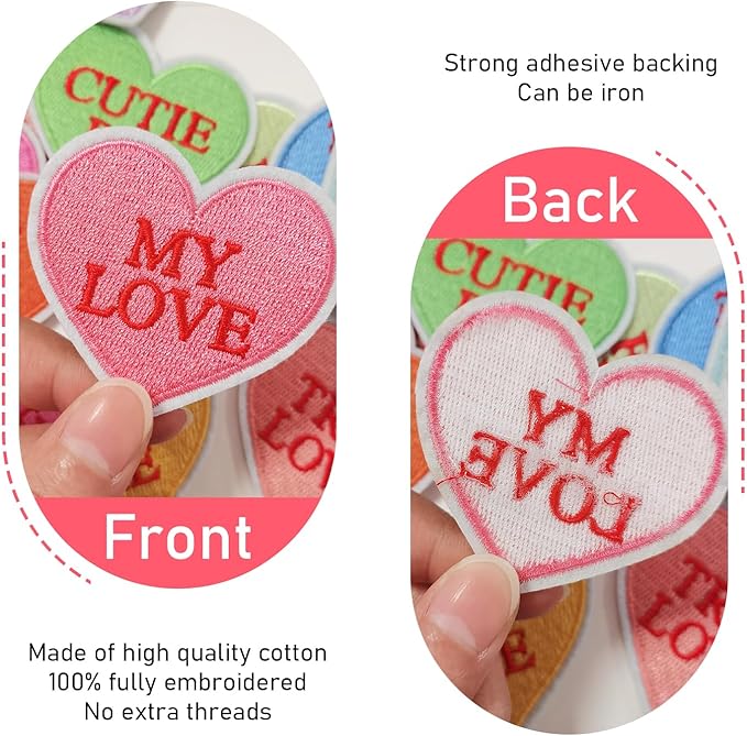 WILDREEDS 16 Pieces Valentine's Day Iron on Patches, Conversation Hearts Embroidered Patch for Clothing, T-Shirt, Backpacks, Hats, Jeans, Jackets