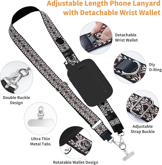 Clip and Go Strap for Phone with Wallet Crossbody Phone Lanyard with Anti-Theft Zipper Pouch Detachable Quilted Wrist Wallet with RFID and ID Window for Daily Travel.