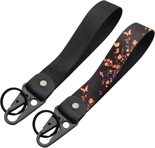 2 Pcs Classic Black & Floral Keychain Wristlet Lanyard for Women couples, Flower Wristlet Strap for Keys Hands-Free Wearable