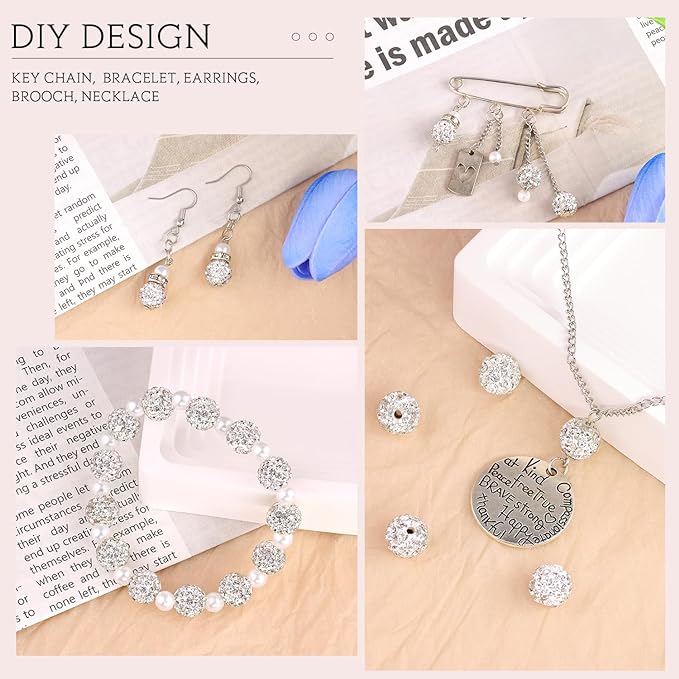 200 Pcs White Rhinestone Beads for Jewelry Making, Sparkle Crystal Clay Christmas for Bracelet Baseball Necklace Earring Crafting and DIY, Shiny Round Shamballa Disco Ball Beads Bulk