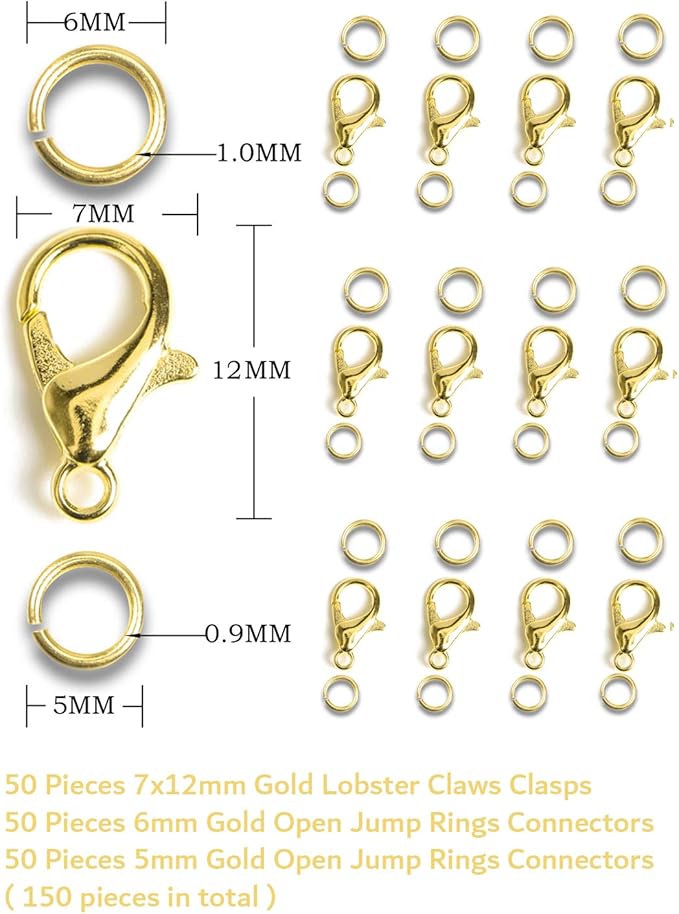 AD Beads 50 Pieces Lobster Claws Clasps Plus 100 Pieces Match Color 6mm Open Jump Rings Suitable for Necklace Bracelets Jewelry(7x12mm, Gold)