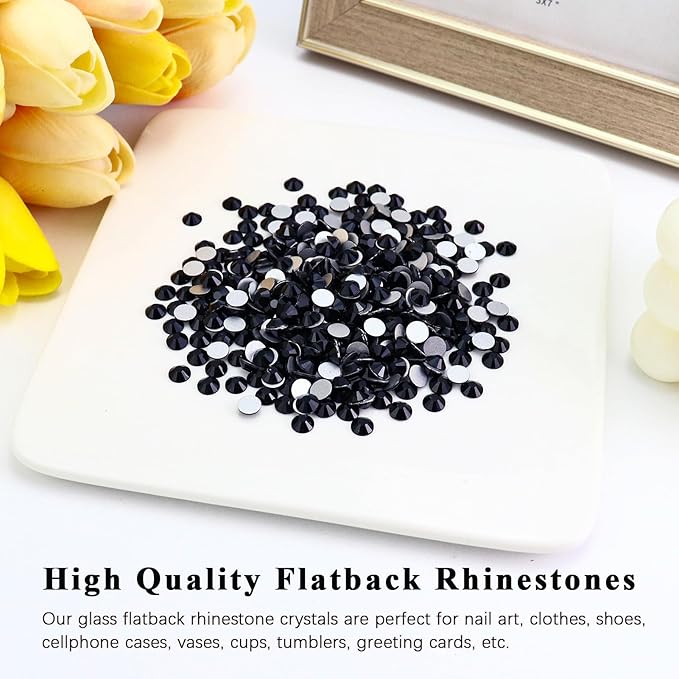 1440PCS SS6 Black Flatback Rhinestones, Glass Crystal Gems for Nail Art and Craft Clothes, Glue Fix Diamond Stones (1.9-2.0mm)