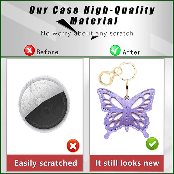 Leather Keychain Holder Case Compatible with AirTag,Cute Protective Apple Air Tag Cover with Keychain Ring,Anti-Scratch Finder GPS Tracker Case for Wallet Keys,Bag,Pets(Purple Butterfly)