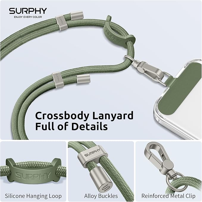 SURPHY Phone Lanyard, Adjustable Phone Strap Crossbody with 2 Pack Cell Phone Tether Tab, Premium Metal Buckles, Skin-Friendly, Universal Cell Phone Lanyard Crossbody for Women and Men, Army Green