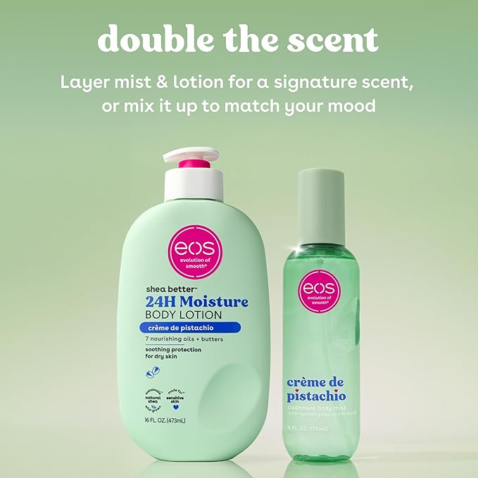 eos Cashmere Body Mist, Crème de Pistachio, Body Spray for Women, Pistachio Perfume, Hair Mist, Moisturizing, Hyaluronic Acid, Glycerin, Vegan, Cruelty-free, 6 fl oz