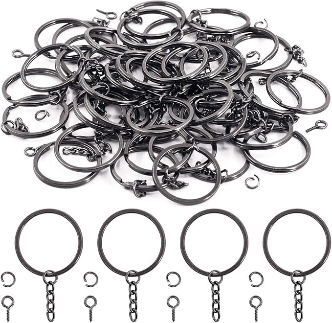 Swpeet 300Pcs 7/5 Inch 35mm Black Flat Key Chain Rings Kit, Including 100Pcs Split Keychain Rings with Chain and 100Pcs Jump Ring with 100Pcs Screw Eye Pins Bulk for Jewelry Findings Making