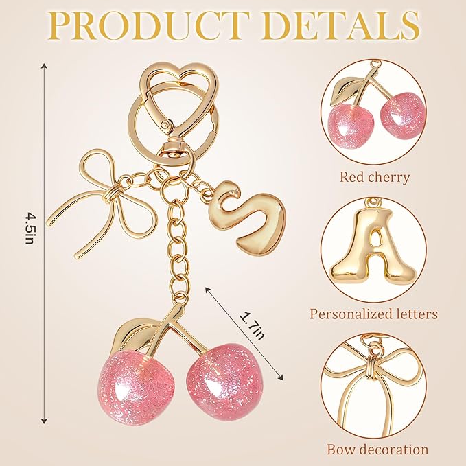 Snycler Bubble Initial Keychain with Cherry & Bow - Gold Letter Bag Charms for Women, Cute Purse Handbag Accessories