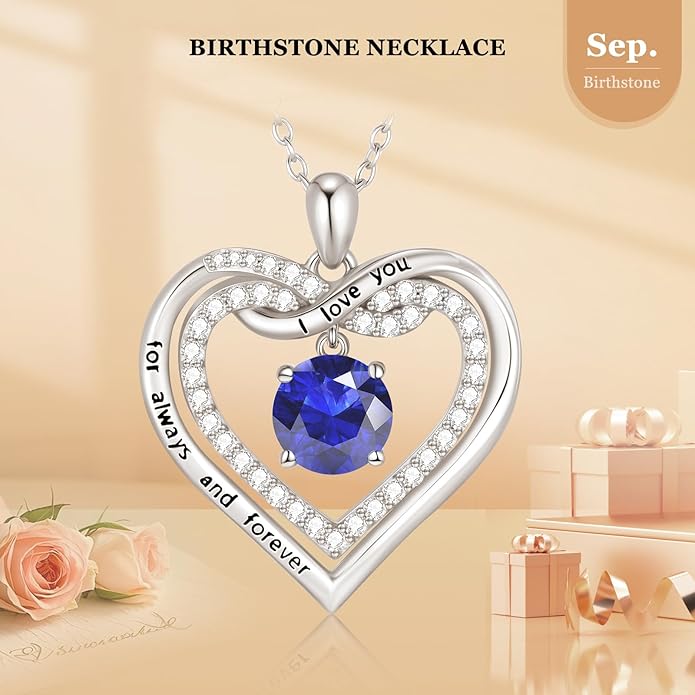G&GEMSJEW Infinity Heart Birthstone Necklaces for Women, 925 Sterling Silver Jewelry, Pendant Heart Necklaces Birthday Anniversary Christmas Gift for Women Wife Mom Girlfriend Lady