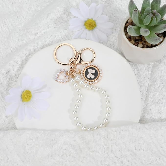Pearl Keychain with White Bow,Beaded Wristlet Keychains Mother's Day Gift for Women Bow Key Charms