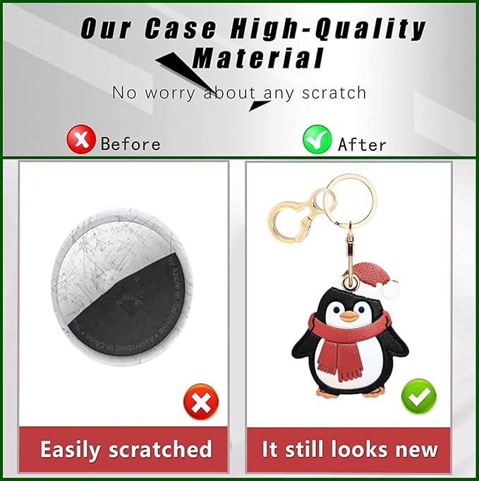 Leather Keychain Holder Case Compatible with AirTag,Cute Protective Cover with Keyring,Anti-Scratch Finder GPS Tracker Case for Wallet Keys,Bag,Pets(Penguin Red)