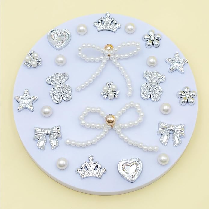 24Pcs Bling Pearl Bow Shoe Charms for Clog Sandals Women, Bear, Flower, Pearl Accessories, DIY Shoe Decoration Charms for Girls