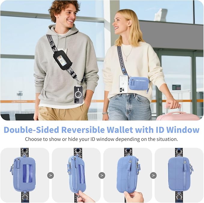 Clip and Go Strap for Phone with Wallet Crossbody Phone Lanyard with Anti-Theft Zipper Pouch Detachable Quilted Wrist Wallet with RFID and ID Window for Daily Travel.