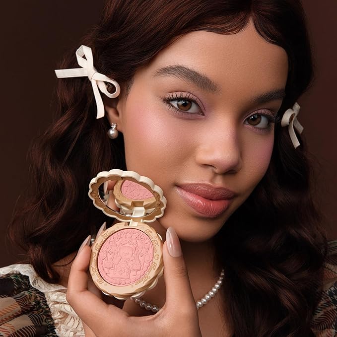 Flower Knows The Sweetie Bear Collection Silk Satin Blush,Shimmery Rose Pink Powder Blush for Cheeks,Buildable & Blendable Face Makeup,Soft Long-Lasting for Women & Girls,0.18 Oz(01 Shimmer Soufflé)