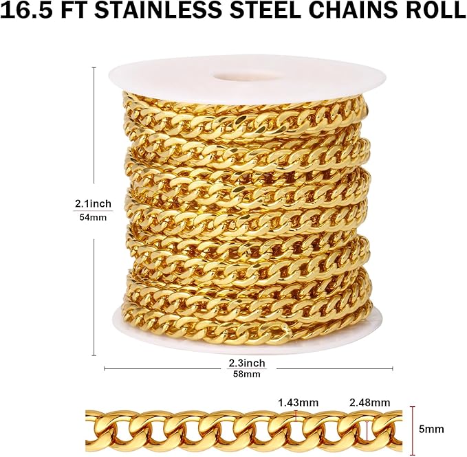 [16.5 FT] 18K Gold Plated Curb Chain for Jewelry Making, 5mm Wide 304 Stainless Steel Cuban Link Chain Roll Bulk for DIY Jewelry Making Craft