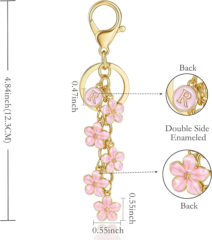 XGALBLA White Pink Black Cute Initial Letter Keychain for Women, Flower Bag Charms Enamel Keyring for Handbag Backpack