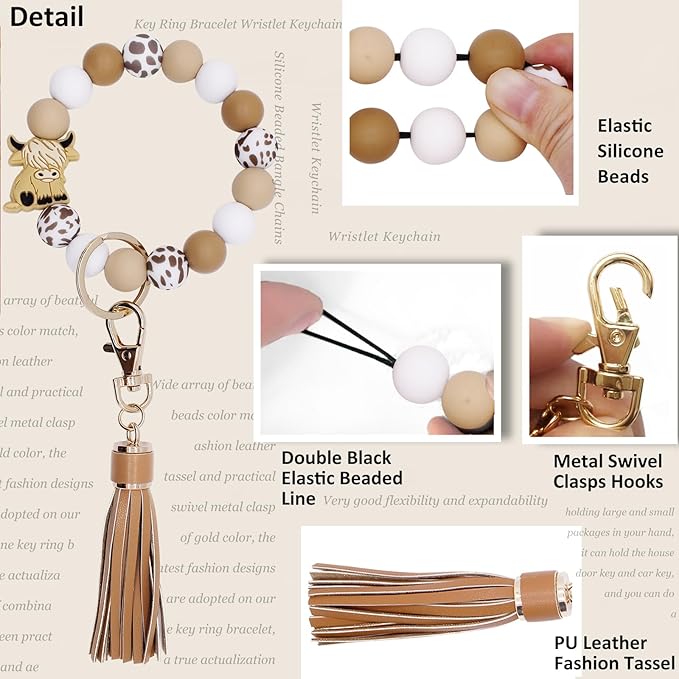 BIHRTC Key Ring Bracelet Car Keychain Holder Wristlet Silicone Women Beaded Bangle Chains