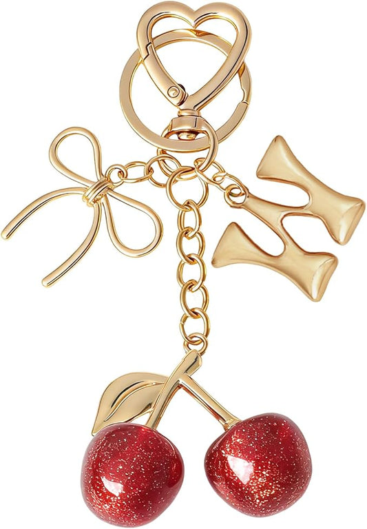 Snycler Bubble Initial Keychain with Cherry & Bow - Gold Letter Bag Charms for Women, Cute Purse Handbag Accessories