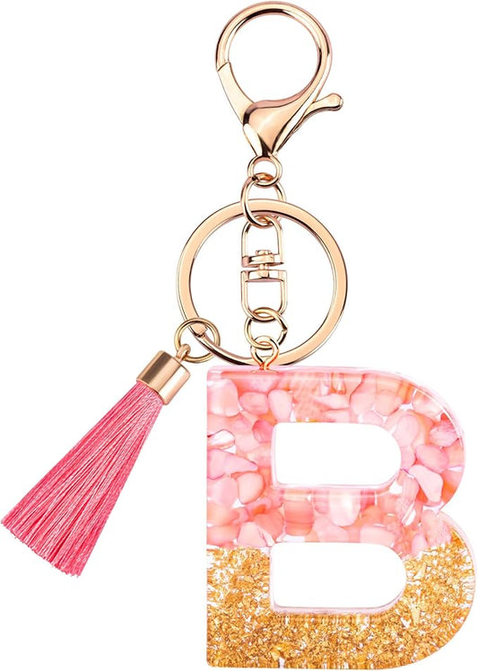 Suweibuke Cute Pink Key Chains for Women Girls, Initial Letter Keychains with Tassel, Charms for Key Purse Handbags Backpacks