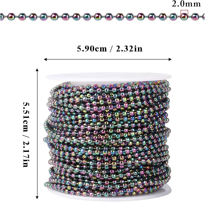 [50 Feet] Rainbow Stainless Steel Ball Bead Chains Roll, 2mm Width 304 Stainless Steel Ball Chains Spool with 30 PCS Connectors Bulk for Jewelry Making