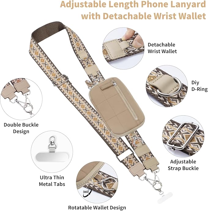 Clip and Go Strap for Phone with Wallet Crossbody Phone Lanyard with Anti-Theft Zipper Pouch Detachable Quilted Wrist Wallet with RFID and ID Window for Daily Travel. Khaki