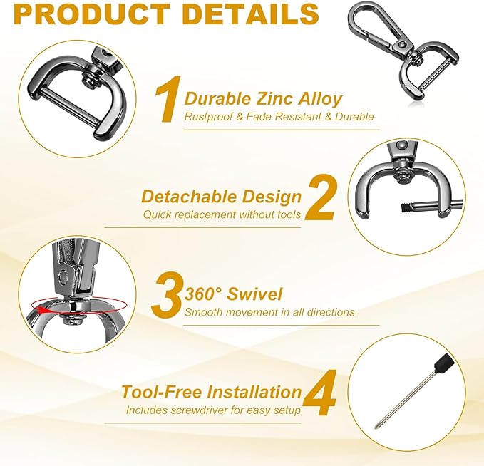 YELARXI Swivel Clasps Hook, 3/4 Inch ID Detachable Snap Hook W/Screw Bar D Ring Claw Clasp with Screwdriver Fit for Lanyard Bag Leather Craft Purse Hardware DIY Bag (4 Pack, Black)