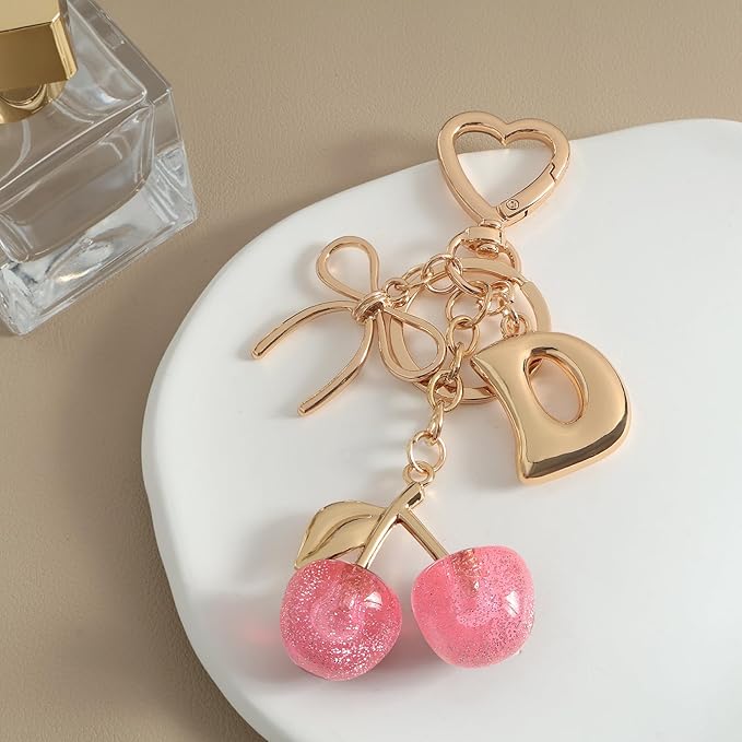 Snycler Bubble Initial Keychain with Cherry & Bow - Gold Letter Bag Charms for Women, Cute Purse Handbag Accessories
