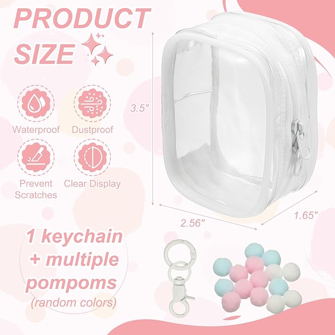 uxcell 3.5 Inch Clear Figure Display Bag, Mini Clear Pouch Waterproof Coin Pouch with Keychain and Pom Poms for Blind Box Doll Display (Square, White)