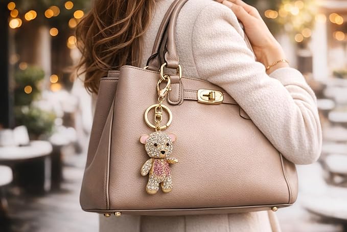 Cute Bear Key Ring Rhinestone, Pink Decorative Cartoon Metal Key Chain Lovely for Student Backpack Women Birthday Gift