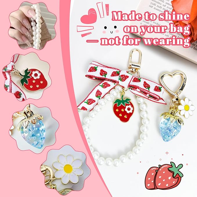 2Pcs Strawberry Keychain Charm Cute Bag Charms Flower Daisy Pearl Bow Keychain Strawberry gift for Women