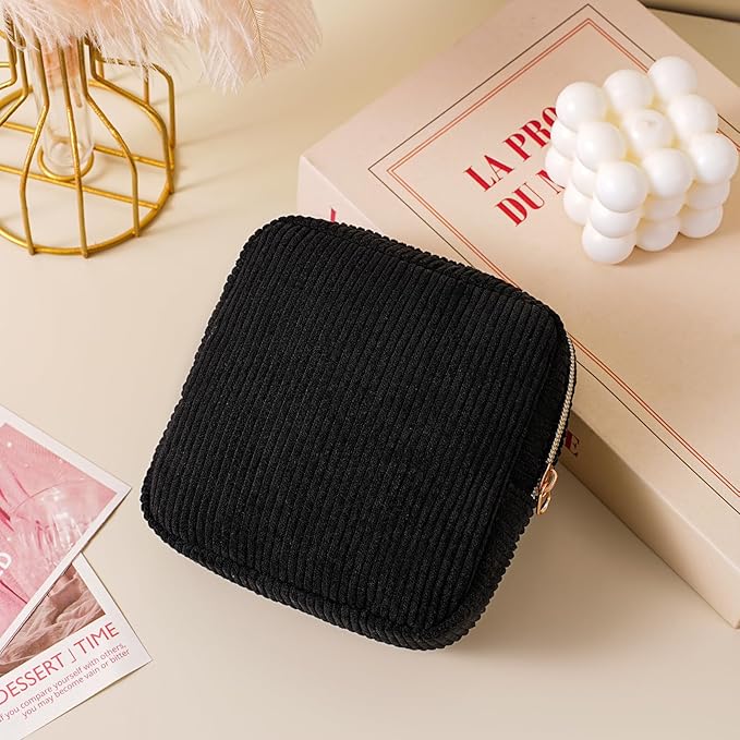 uekeboag Cute Small Corduroy Zipper Makeup Bag, Mini Coquette Aesthetic Pouch with Bear Pattern for for Purse,Key Pocket Lipstick Bag Card Holder Data Cable Organizer (11Black)