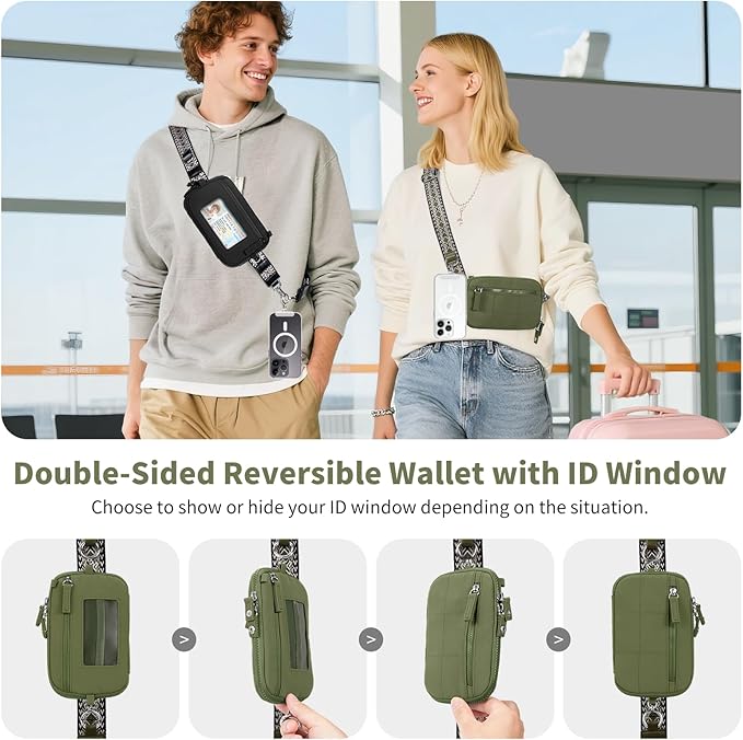 Clip and Go Strap for Phone with Wallet Crossbody Phone Lanyard with Anti-Theft Zipper Pouch Detachable Quilted Wrist Wallet with RFID and ID Window for Daily and Travel Green Large