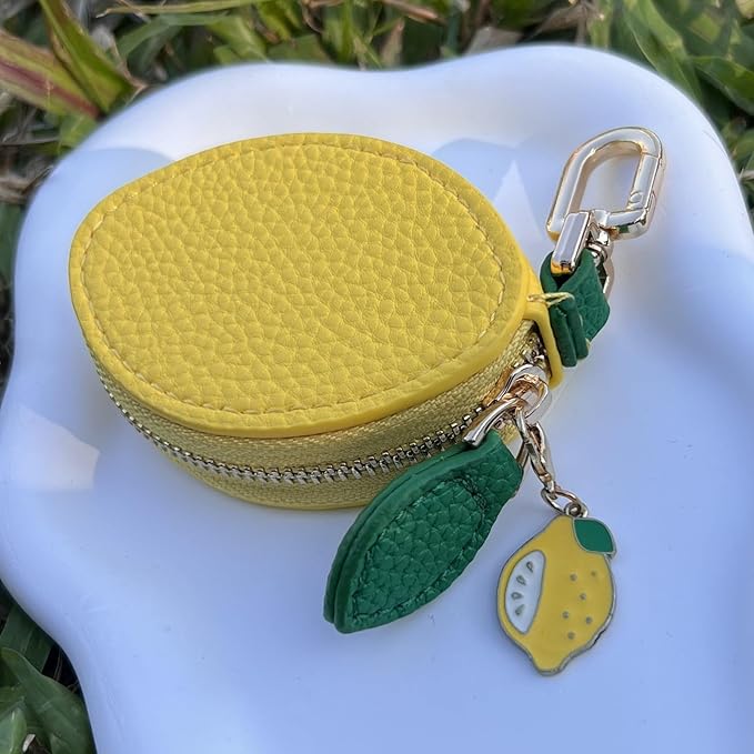 Cute Lemon Fruit Coin Purse Keychain – Mini PU Leather Zipper Pouch Bag Charm with Leaf Accent & Pendant, Kawaii Y2K Purse Charm for Backpack, Handbag & AirTag Holder for Women & Girls
