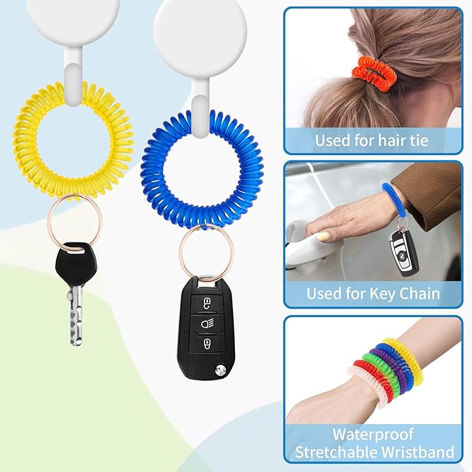 Spiral Keychain Stretchy Wrist Coil Bracelet Key Chain Waterproof Wristlet Key Holder for Pool, Sauna, Sports, Gym